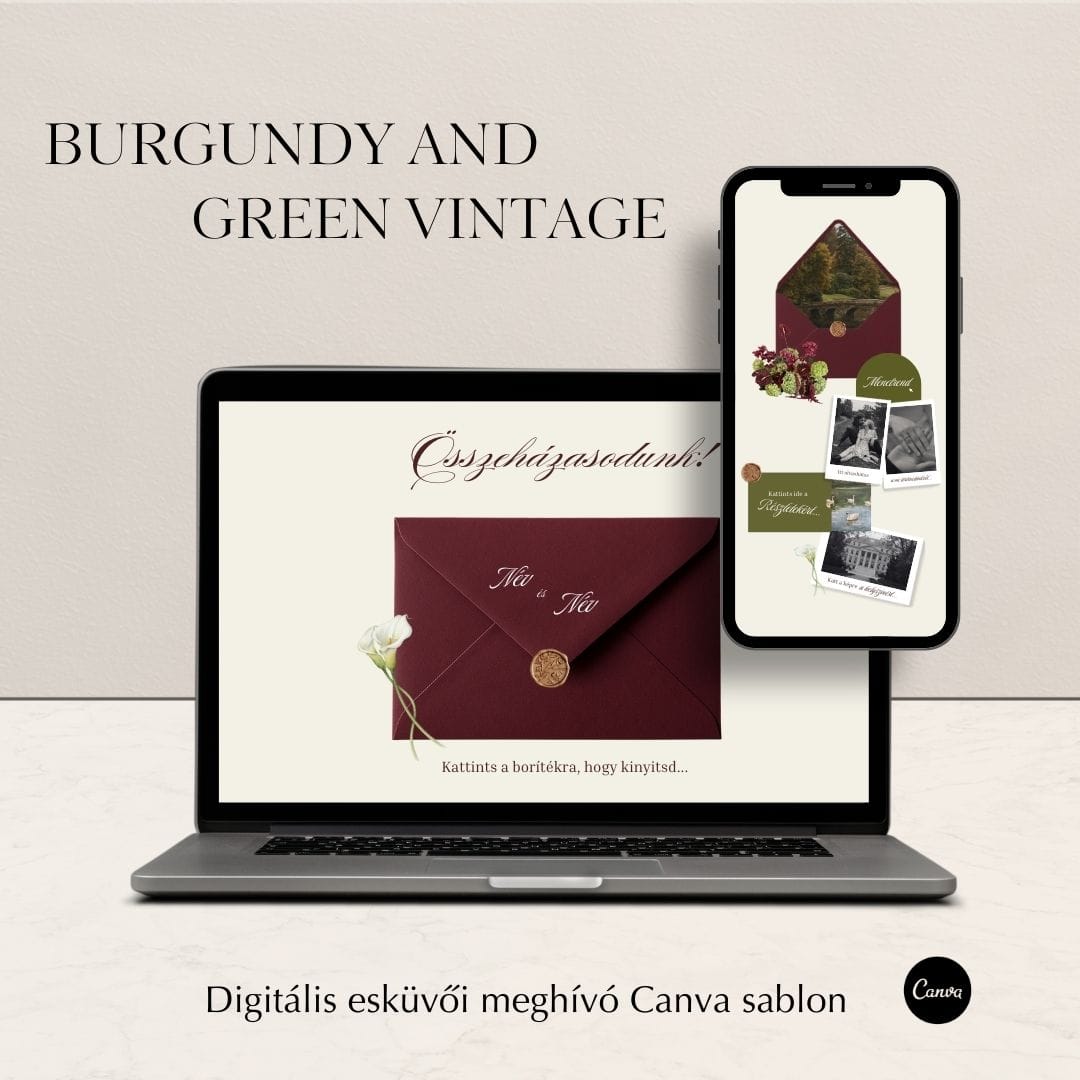 Vintage stílusú burgundi és zöld digitális esküvői meghívó Canva sablon bemutatása laptopon és mobilon.