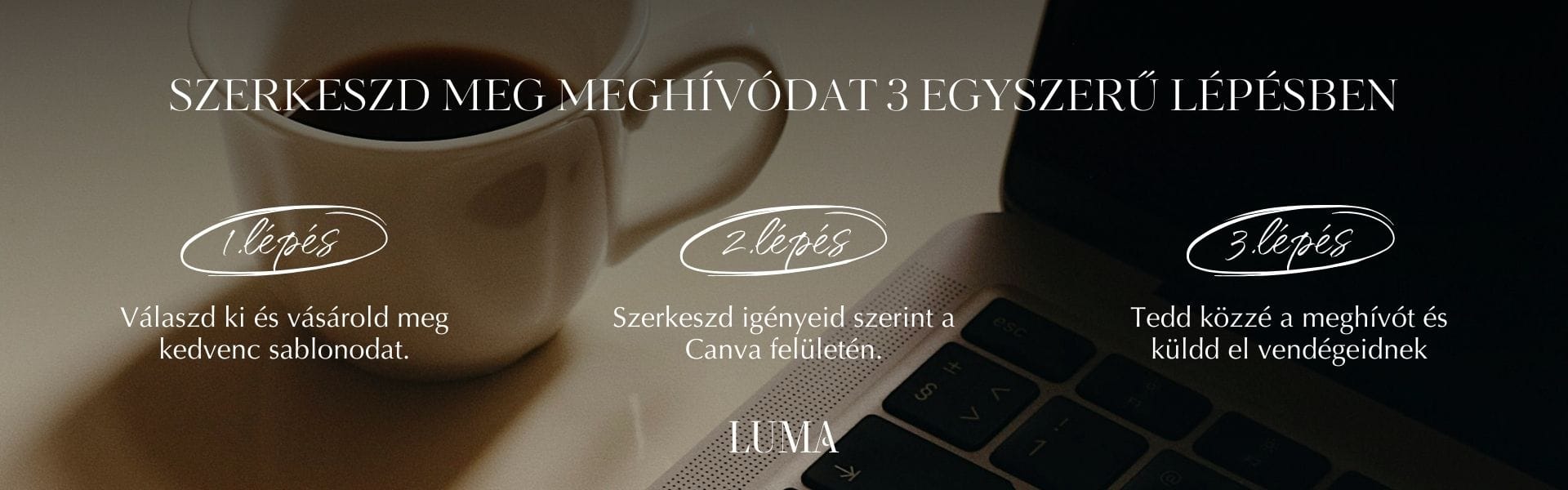 Útmutató a LUMA Design digitális meghívók használatához 3 lépésben: Vásárlás, Canva szerkesztés, Küldés.