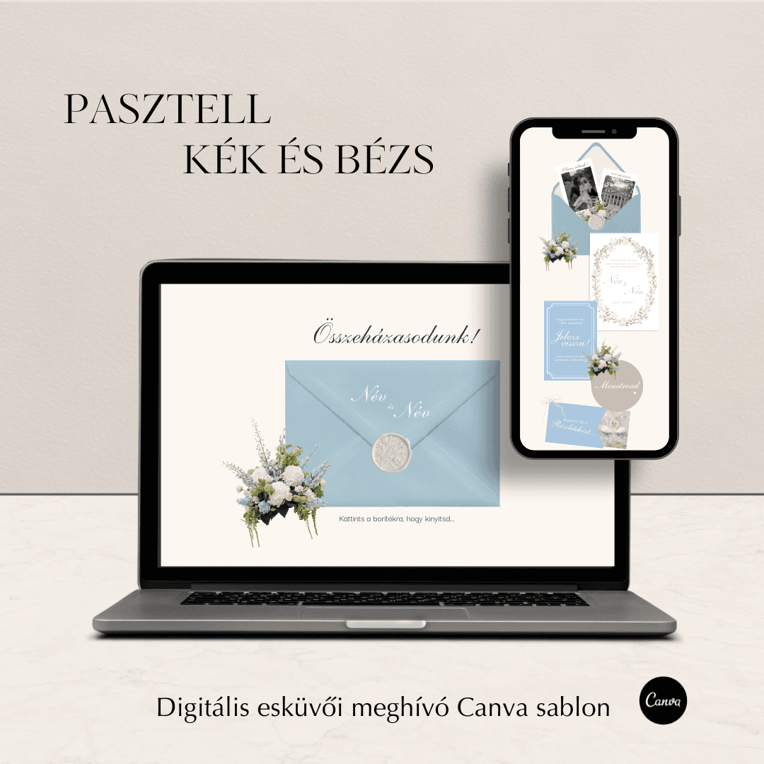 Pasztell kék borítékos digitális esküvői meghívó weboldal laptopon és mobilon megjelenítve, hortenzia díszítéssel