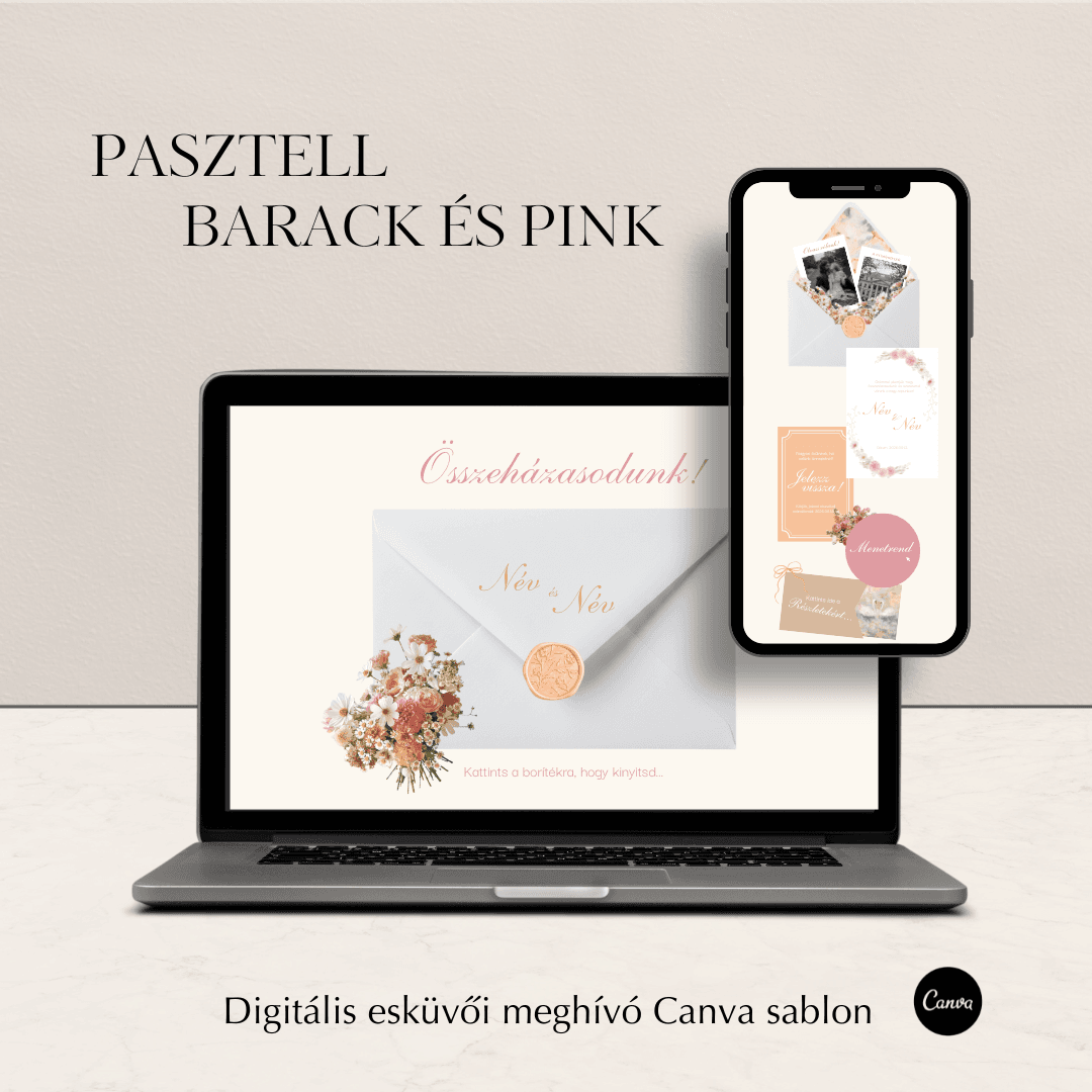 Pasztell barack és pink borítékos digitális esküvői meghívó weboldal laptopon és mobilon megjelenítve, vadvirág díszítéssel.