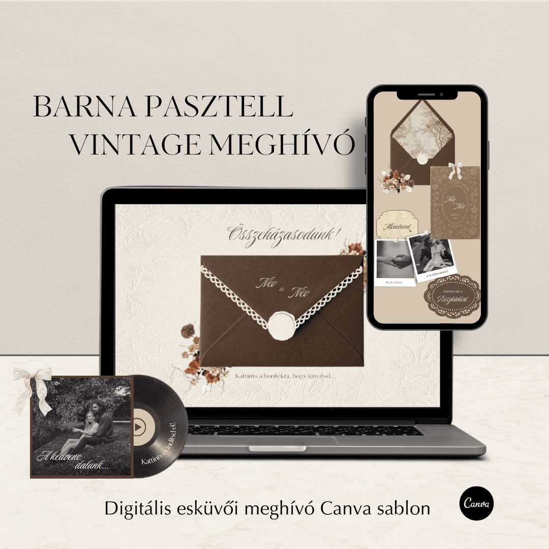 Barna és pasztell vintage stílusú digitális esküvői meghívó Canva sablon laptop és okostelefon nézetben – LUMA Design