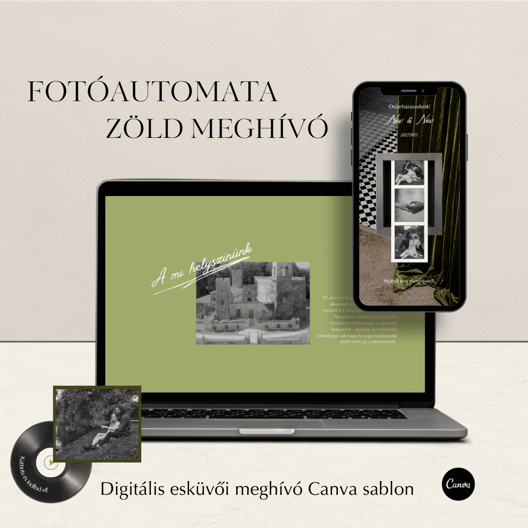 Fotóautomata stílusú olívazöld digitális esküvői meghívó Canva sablon zeneindító bakelitlemezzel laptop és okostelefon nézetben – LUMA Design