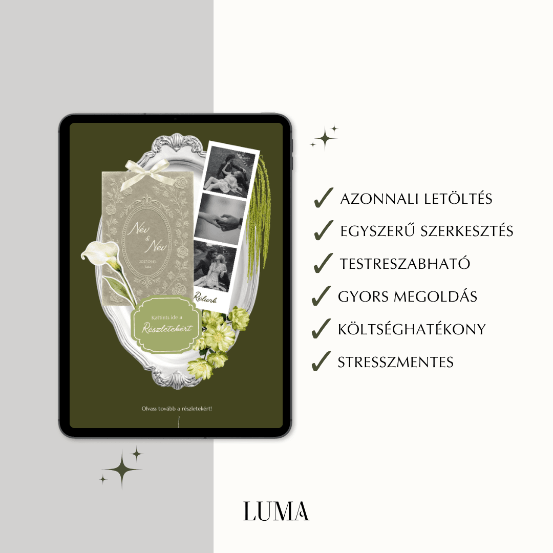 Könnyen szerkeszthető és költséghatékony zöld fotóautomata esküvői meghívó előnyei tükörkeretes tablet nézettel – LUMA Design