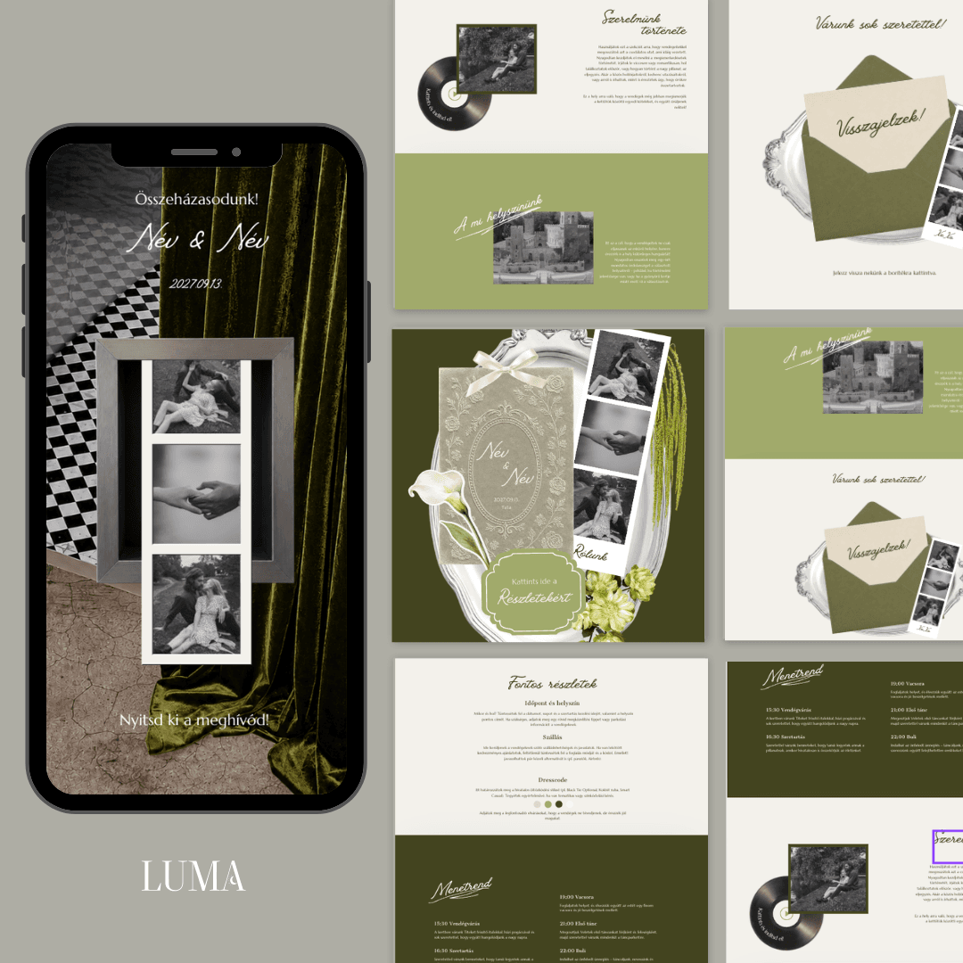 Retró fotócsíkos zöld digitális esküvői meghívó mobil képernyőn helyszínnel és menetrenddel – LUMA Design