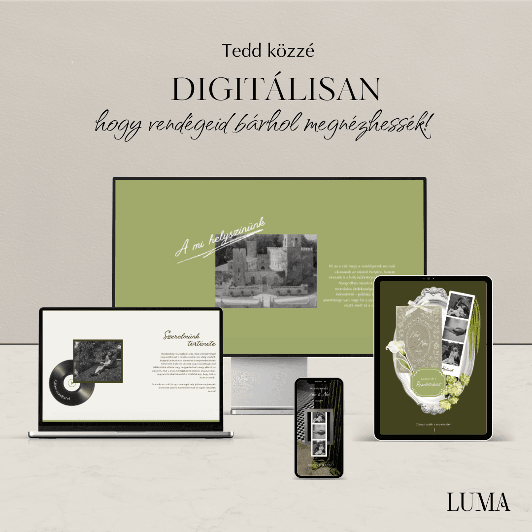 Online megnyitható zöld esküvői meghívó sablon monitoron, tableten és okostelefonon bemutatva – LUMA Design