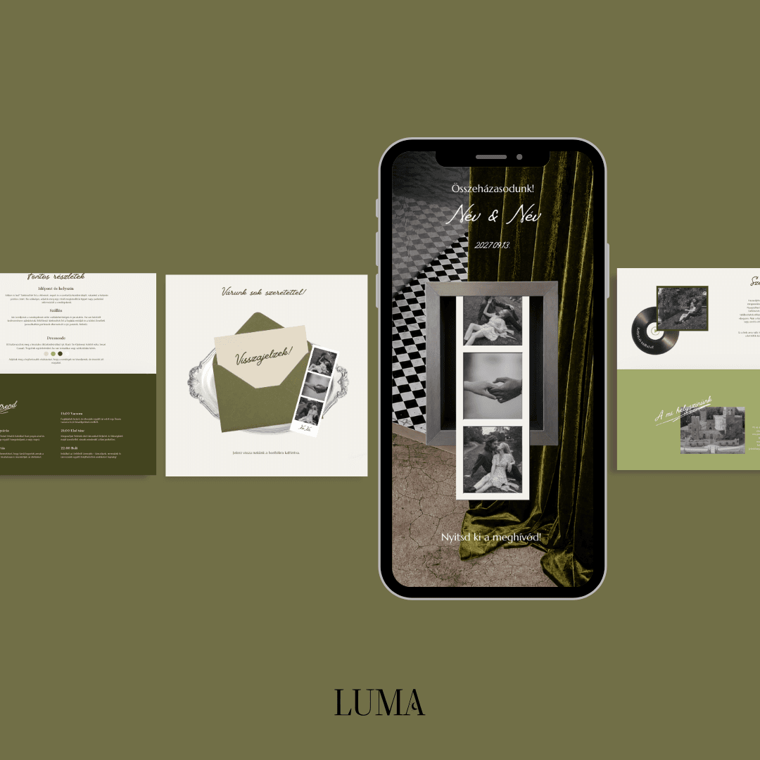 Olívazöld digitális esküvői meghívó kártyák visszajelzés (RSVP) borítékkal és fotócsíkkal – LUMA Design