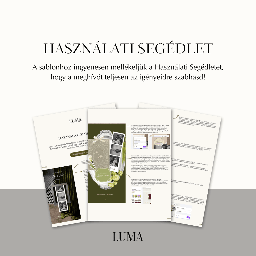 Részletes magyar nyelvű Canva használati és szerkesztési segédlet a zöld fotóautomata digitális meghívóhoz – LUMA Design